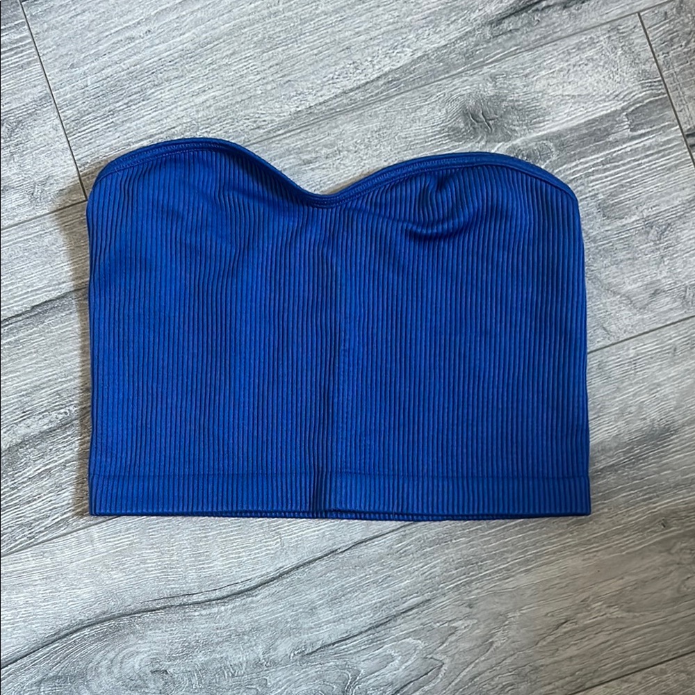 Blue Strapless Ribbed Top